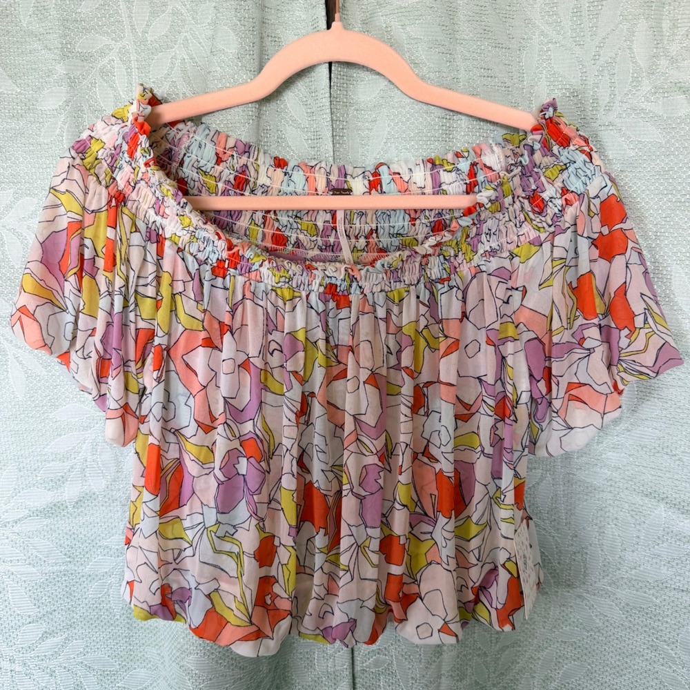 NEW Free People Womens S Light Combo Abstract Floral Mesh Off‎ Shoulder Crop Top